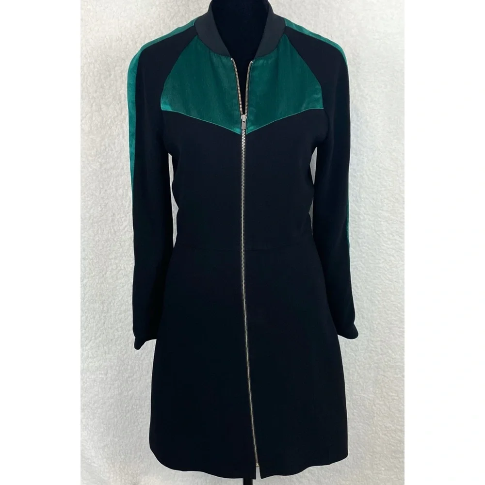 MAJE • Black/Green Rizia Contrast-Inset A-Line Long Sleeve Mini Dress, S - Picture 12 of 16